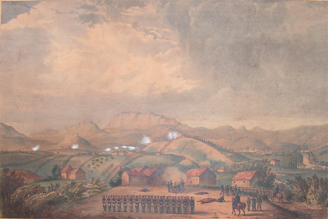 A view of the positions of the anglo-chistinos, and the carlists before San Sebastian.  (Ingeles-Kristinoen eta karlisten kokapenaren ikuspegia Donostiatik, karlistek 1836ko urriaren lehenean emandako erasoa erakutsiz)